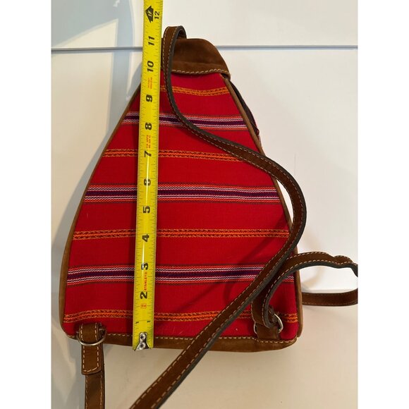 Handmade Guatemalan Red & Brown Leather Trim Backpack With Adjustable Straps - Picture 8 of 10